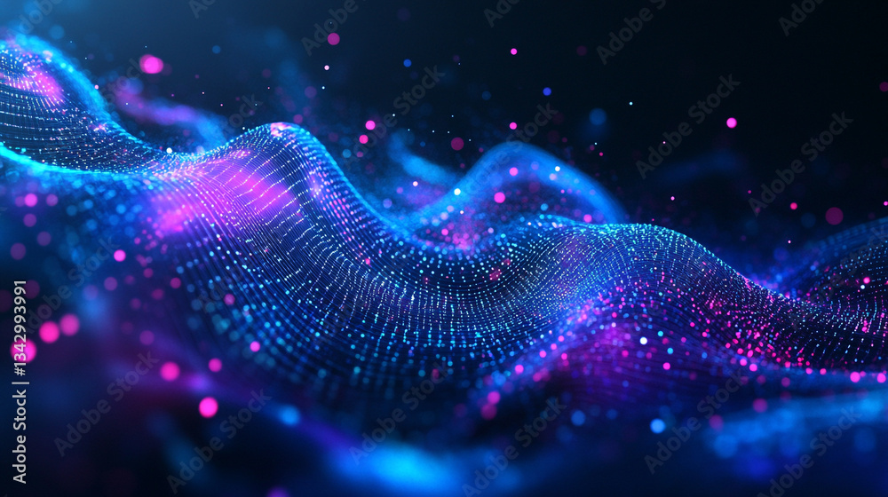 Poster holographic particle waves flowing across a gradient tech-inspired blue and purple background, creat