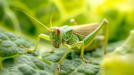 A green grasshopper on a cabbage leaf, a common agricultural pest affecting crops.