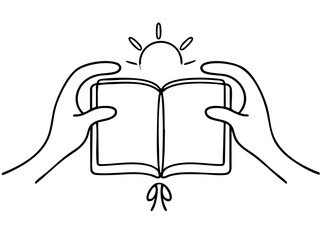 Hands holding an open book with a sun illustration  