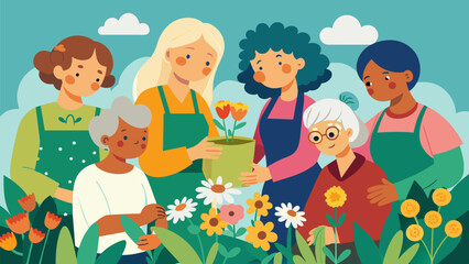 A group of grandmothers gather in a community garden teaching younger generations the art of creating intricate flower arrangements with fresh blooms.. Vector illustration