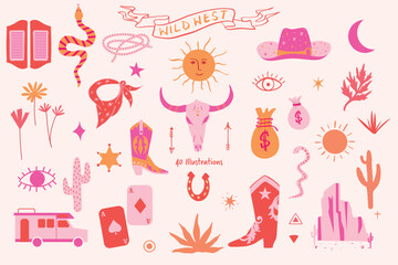 Wild west cowgirl illustration clipart set in pink and red colors. Funky cowgirl boots, lucky horseshoe, hat, bull skull digital stickers hand drawn illustration. 
