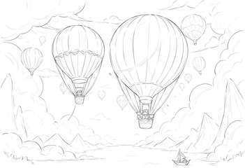Whimsical Hot Air Balloons Soar Above a Serene Landscape. A captivating black and white sketch of hot air balloons floating amidst a cloudy sky gently drifting over a serene landscape