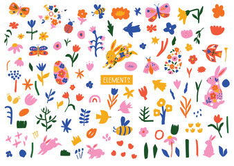 Hand drawn simple flat spring themed garden illustrations of flowers, bunny, bees, butterfly, easter egg in bright colors. Cut out shapes drawing for digital stickers, social media, icons and template