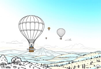 Hand-drawn illustration of hot air balloons over a scenic mountain landscape. This whimsical line art illustration depicts several hot air balloons floating above a serene mountain range