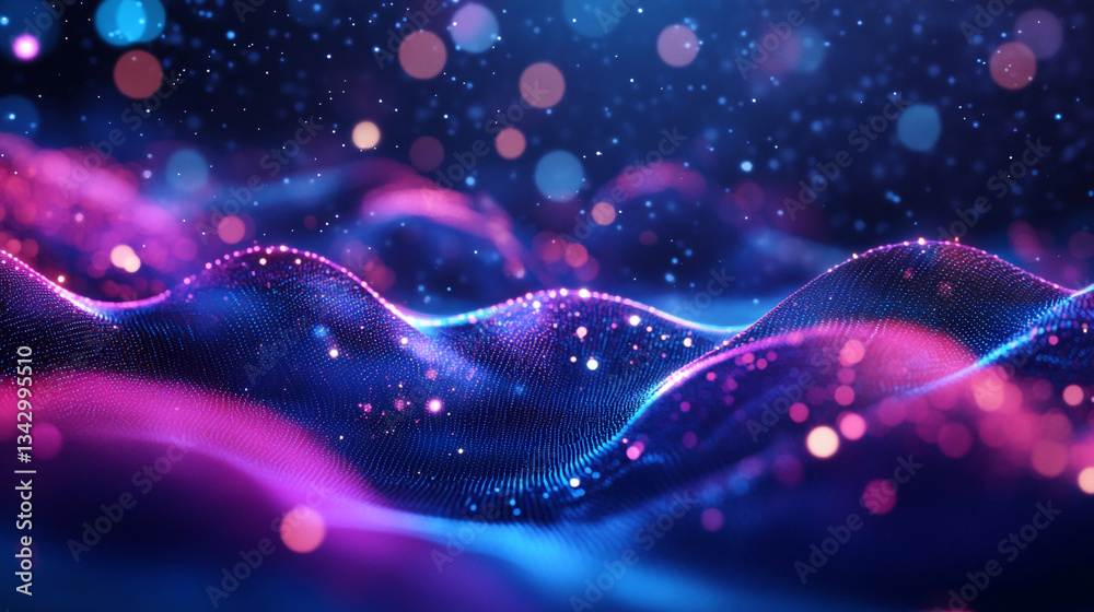 Poster holographic particle waves flowing across a gradient tech-inspired blue and purple background, creat