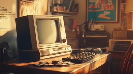 Vintage Retro Computer on Wooden Desk with Classic Floppy Disks Image