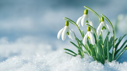 Obraz premium White Snowdrop Flowers Emerging from Melting Snow in Springtime