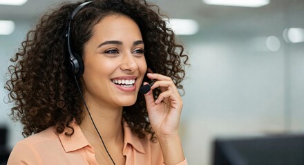 Smiling female customer service representative wearing a headset in a modern office. She exudes friendliness and professionalism, ready to assist clients in a call center or support environment.