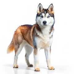 Fototapeta premium A large white dog with a black nose stands in front of a white background