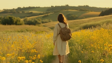 Fototapeta premium Woman in Beige Dress Walking Through a Field of Yellow Wildflowers at Sunset