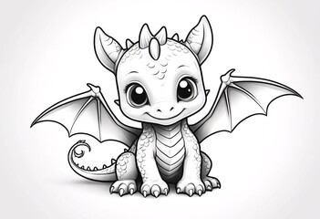 Adorable Baby Dragon Coloring Page Illustration. A charming detailed black and white illustration of a small cute dragon © UrFreepik360