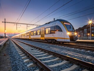 Fototapeta premium A red and white train is traveling down the tracks