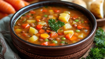 A symphony of flavors unfolds in a vibrant red lentil and vegetable soup, its rich, savory aroma mingling with the sweetness of carrots and the earthy depth of potatoes.
