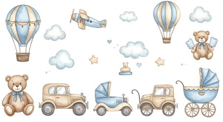An invitation to a baby shower with a teddy bear, hot air balloon basket, airplane, car, moon, stars, clouds and a watercolor drawing. Watercolor drawing, template, poster pattern to print
