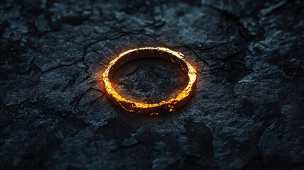 A glowing golden ring rests on a dark, cracked stone surface. Use to illustrate power, magic, mystery, or precious objects.