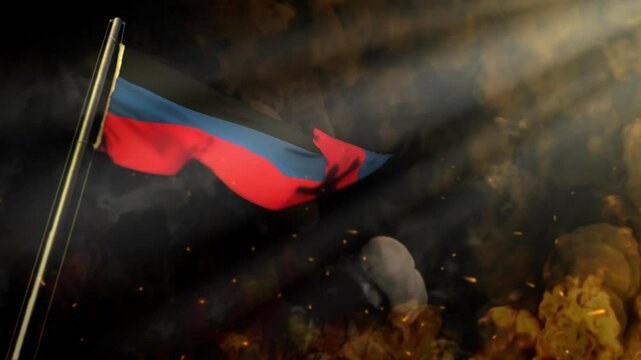 waving Donetsk Peoples Republic flag on smoke and fire with sun rays - problem concept