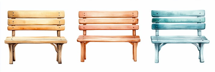 Fototapeta premium Three Watercolor Wooden Park Benches Set Beige Brown Teal Colors Perfect for Relaxation and Outdoor Scenes