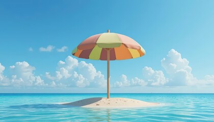 Beach Umbrella on Sandy Island in Clear Ocean Water Under Blue Sky