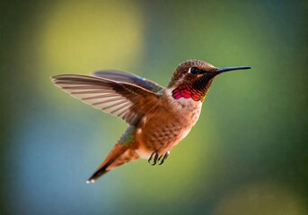 Fototapeta premium A stunning close-up of a colorful hummingbird in mid-flight, displaying vibrant iridescent feathers. The blurred green background enhances the bird’s elegance and delicate wing motion in nature.