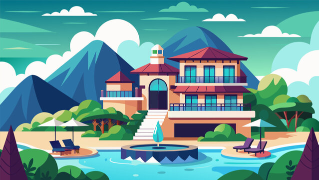 A luxurious resort retreat with plush accommodations and upscale facilities designed to facilitate personal development in a comfortable and lavish environment.. Vector illustration