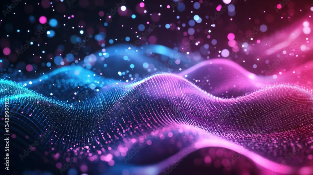 Poster abstract blue and purple glowing wave with bokeh lights, blue gradient and glowing dots in the form 