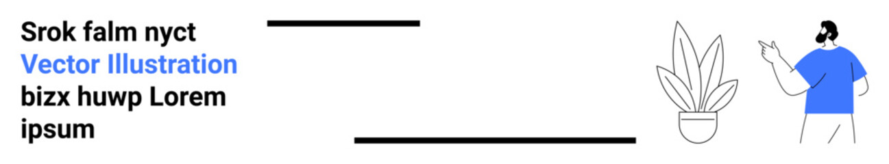 Obraz premium Man gesturing toward potted plant near structured text layout with highlighted line. Ideal for modern design concepts, simplicity, minimalism, nature, aesthetics, presentations, flat landing page