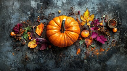 A plump, orange autumnal pumpkin, its stem adorned with a few crimson leaves, sat nestled amongst a collection of vibrant autumnal spices, hinting at a cozy, autumnal feast.