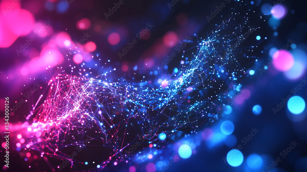 Poster abstract blue and purple glowing wave with bokeh lights, blue gradient and glowing dots in the form 