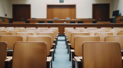 Silent Justice: Rows of empty wooden chairs lead the eye toward the judge's bench and jury box in an American courtroom, a symbol of legal proceedings, evidence and order.