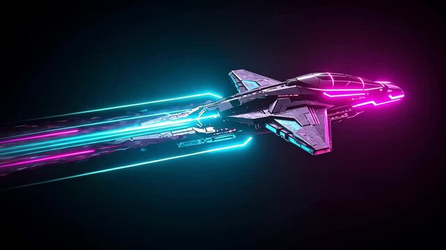 Futuristic spaceship flying with neon lights in a dark space background in science fiction art