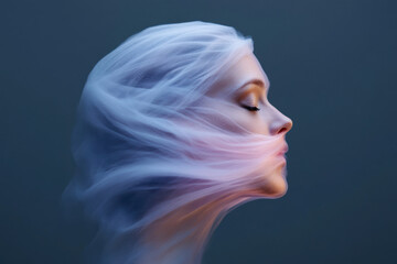 Woman breathing with light veil covering face and flowing hair