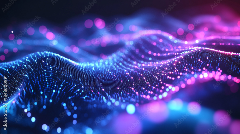 Poster abstract blue and purple glowing wave with bokeh lights, blue gradient and glowing dots in the form 