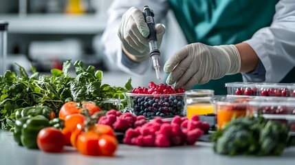 A scientist in a lab coat meticulously tests fresh berries and vegetables using precise instruments for quality control and food safety analysis.