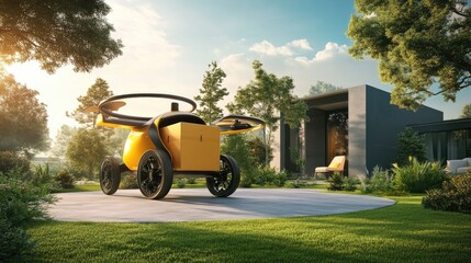 A futuristic drone with a secure cargo compartment delivering a box to a smart home.