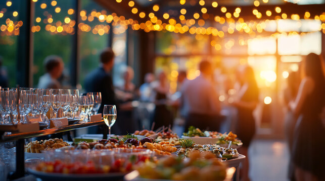 Elegant buffet table with appetizers, fresh food, and wine glasses at a sunset outdoor event with string lights and guests socializing in the background. Celebration and luxury dining concept