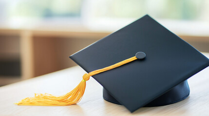 Graduation cap on Table: A close-up shot of a black graduation cap with a golden tassel rests on a wooden surface, celebrating academic achievement and milestones. 