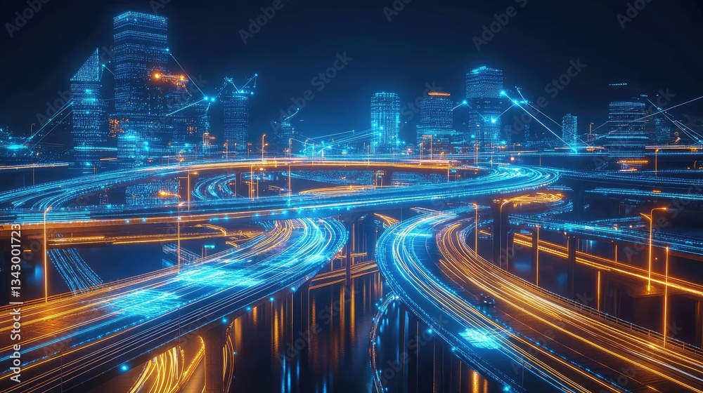 Poster a futuristic highway interchange with glowing iot-enabled sensors optimizing real-time traffic flow.