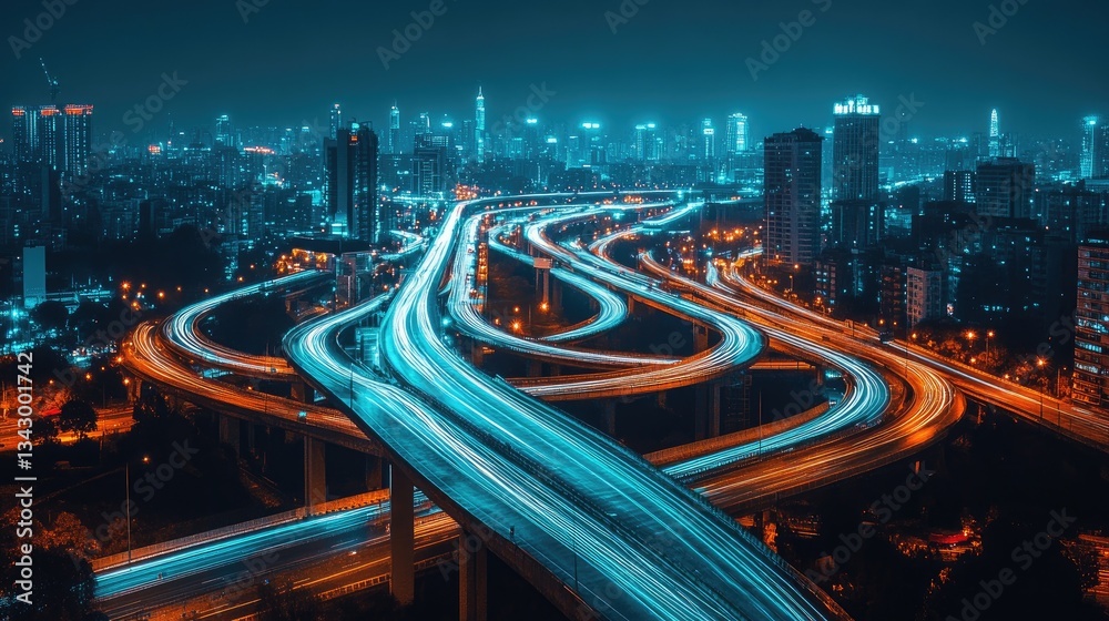 Poster a futuristic highway interchange with glowing iot-enabled sensors optimizing real-time traffic flow.