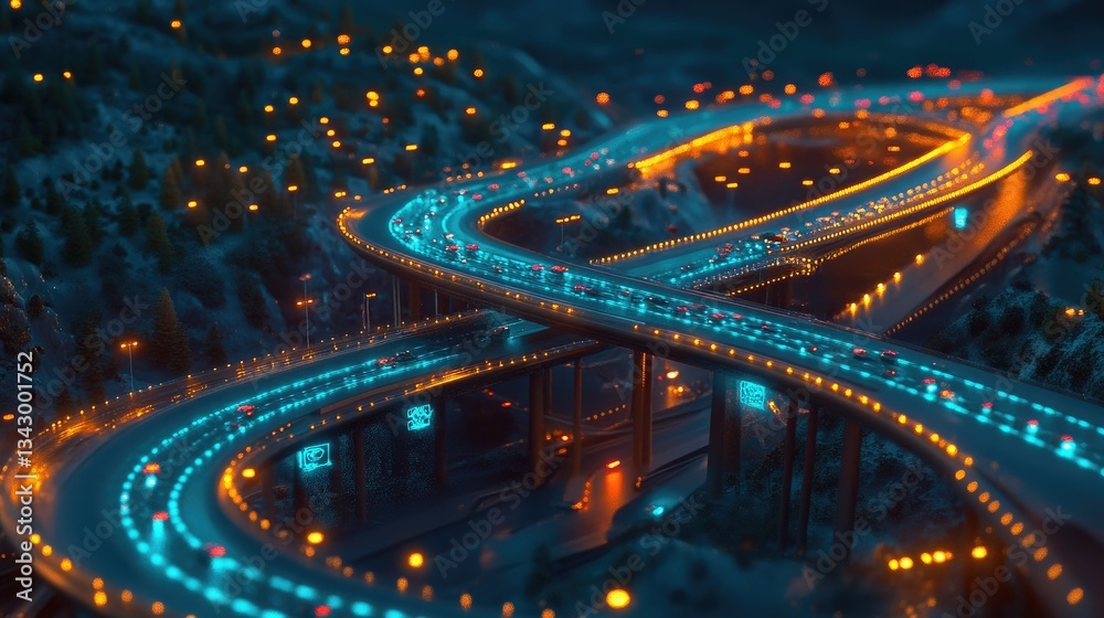 Poster a futuristic highway interchange with glowing iot-enabled sensors optimizing real-time traffic flow.