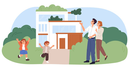 Happy married couple with children walking on lawn of their home yard. Property owner. Real estate for young family. People in front of suburban house. Residential building. Vector concept