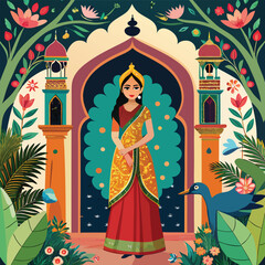 Mughal Garden with Woman in Ethnic Attire and Beautiful Arches
