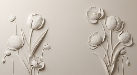 An overhead shot of colorful spring flowers set against a white backdrop represents celebrations for Mother's Day and Women's Day. Flat lay composition