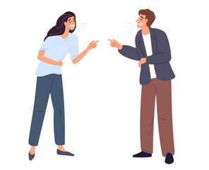 Cheerful man and woman laughing and rejoicing together. Friends happy meeting. People communication. Couple talking. Emotion expression. Joke or positive conversation. Vector concept