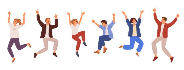 Cheerful bouncing people. Joyful men and women jumping. Happiness position. Happy characters having fun and joy. Emotion expression. Holiday celebration. Vector excited persons set