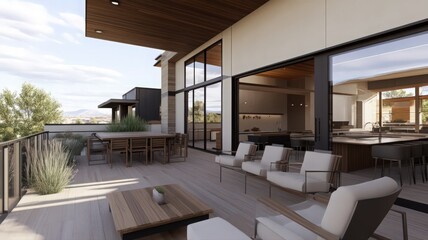 Fototapeta premium Modern Wooden Deck Patio with Mountain View