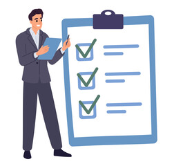 Businessman makes marks on checklist. Big document tablet. Planning list at clipboard. Efficient office worker. Deadline and work goals complete. Man putting checkmark. Vector concept