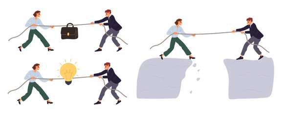 Business competition. Men and women competing against each other. Tug of war. People pulling rope at edge of mountain cliff. Businessman briefcase. Collogues rivalry. Vector concepts set