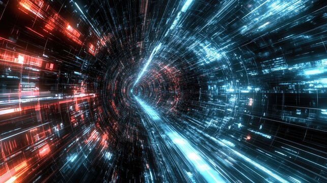 A futuristic hyperloop network with high-speed pods racing through a digital tunnel, symbolizing next-gen public transport solutions.
