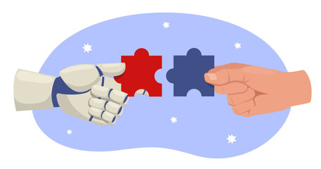 Artificial intelligence and human interaction. Robot and man hands connect puzzle pieces. Teamwork and collaboration. AI technology. Cybernetic innovation partnership. Vector concept