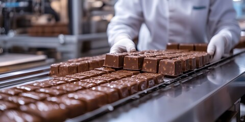 A worker in a chocolate factory carefully places freshly made milk chocolate bars onto a conveyor belt for packaging.